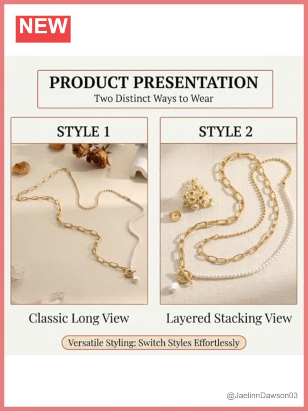 Gold Layered Pearl Chain Necklace, 14K Gold Plated Toggle Clasp